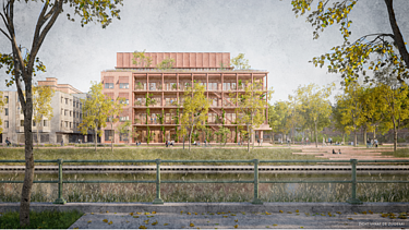 Renderbeeld van project Bargiekaai in Gent, een nieuw onderwijsgebouw en studentenresidentie voor KU Leuven Campus Odisee..