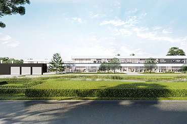 Image de rendu du projet BMW à Bornem, composé d’un immeuble de bureaux rénové et d’un entrepôt reconverti.