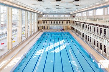Interior view of the modernist Neptunium swimming pool in Schaerbeek, Brussels.