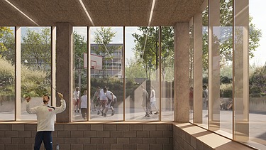 Image de synthèse du gymnase dans la nouvelle aile de l'hôpital Saint-François à Heusden-Zolder.