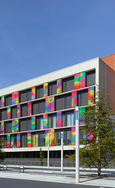 Foto van de kleurrijke gevel van Blok-K van het ZOL in Genk