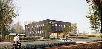 Image de synthèse de l'immeuble de bureaux du nouveau centre de services Elia à Kruisem.