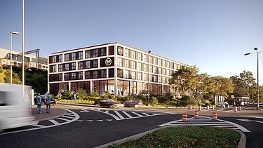 Renderbeeld van de buitenzijde van B&B Hotels Diegem.