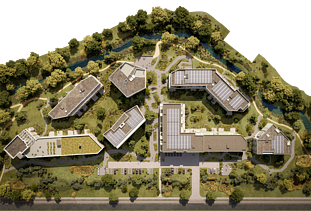 Image de rendu avec vue de dessus du nouveau complexe WOL-U, un nouveau complexe résidentiel à grande échelle à Zaventem.