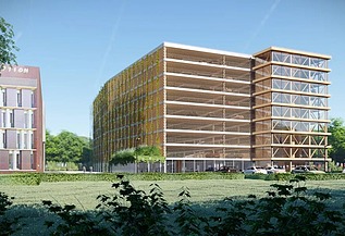 Renderbeeld van MobHub, een parkeergebouw van negen verdiepingen in het Arenbergpark in Heverlee.