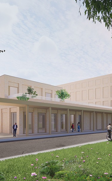 Renderbeeld van het nieuwe radiotherapiepark, energiegebouw en UPSIE-gebouw van UZ Gent.