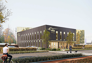 Renderbeeld van het kantoorgebouw van het nieuwe Elia Service Center in Kruisem.