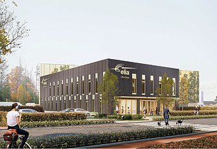 Image de synthèse de l'immeuble de bureaux du nouveau centre de services Elia à Kruisem.