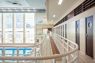 Interior view of the modernist Neptunium swimming pool in Schaerbeek, Brussels.