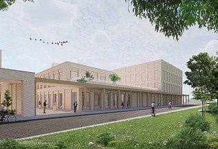 Renderbeeld van het nieuwe radiotherapiepark, energiegebouw en UPSIE-gebouw van UZ Gent.