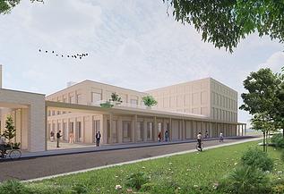 Rendered image of the new radiotherapy park, energy facility and UPSIE building of UZ Gent.