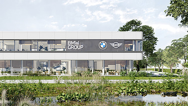 Render image of the BMW project in Bornem, consisting of a renovated office building and a converted warehouse.