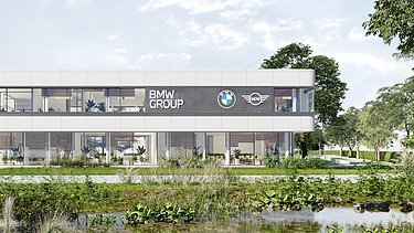 Renderbeeld van project BMW in Bornem dat bestaat uit een gerenoveerd kantoorgebouw  en een omgebouwde loods.