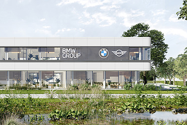 Rendu de la nouvelle façade du site de bureaux BMW Belux à Bornem