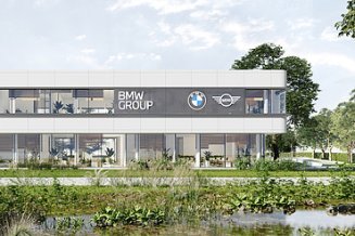 Render of the new façade of the BMW Belux office site in Bornem