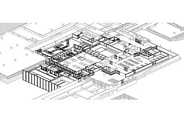 Draft 3D grondplan van de vernieuwde Centrale Sterilisatie in Blok N van het ZOL in Genk.