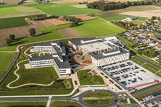 Aerial photo of the ZMK, Maas and Kempen Hospital, in Maaseik. 