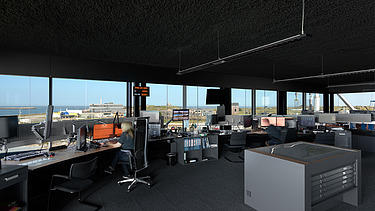 Foto van de controlekamer in het MRCC in Oostende, het Maritiem Reddings- en Coördinatiecentrum.