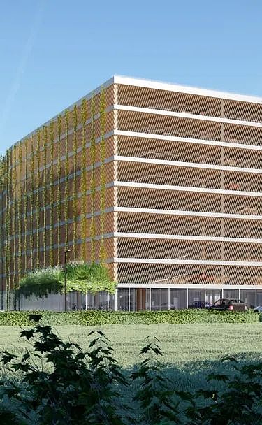 MobHub, parking facility in Heverlee Render image of MobHub, a nine-storey parking facility in Heverlee's Arenberg Park.