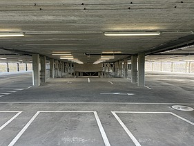 Render image of MobHub, a nine-storey parking facility in Heverlee's Arenberg Park.