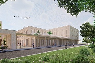 Renderbeeld van het nieuwe radiotherapiepark, energiegebouw en UPSIE-gebouw van UZ Gent.