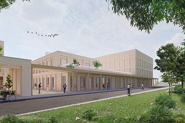 Image de synthèse du nouveau parc de radiothérapie, du bâtiment énergétique et du bâtiment UPSIE de l'UZ Gent.