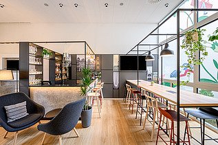 Renderbeeld van het interieur van B&B Hotels in Diegem.