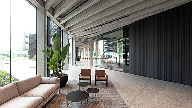 Photo of the central lobby in the new headquarters of H. Essers in Genk.