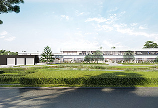 Image de rendu du projet BMW à Bornem, composé d’un immeuble de bureaux rénové et d’un entrepôt reconverti.