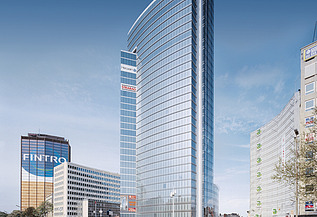 Foto van de gerenoveerde Madou-toren in Brussel.