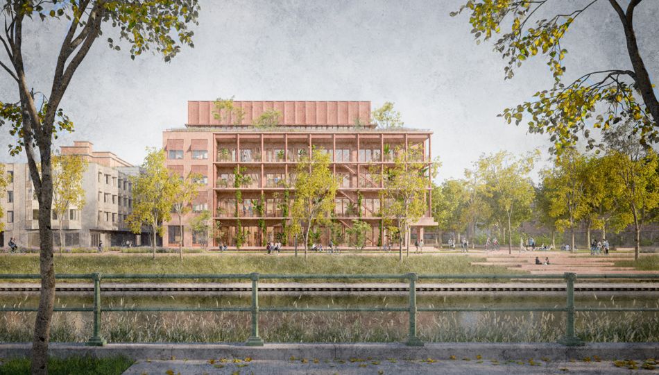 Renderbeeld van project Bargiekaai in Gent, een nieuw onderwijsgebouw en studentenresidentie voor KU Leuven Campus Odisee..
