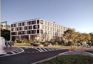 Renderbeeld van de buitenzijde van B&B Hotels in Diegem.