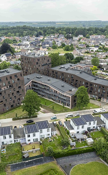 Paspoel Anders Tongeren Dronefoto van de nieuwe sociale woonwijk Paspoel Anders in Tongeren.