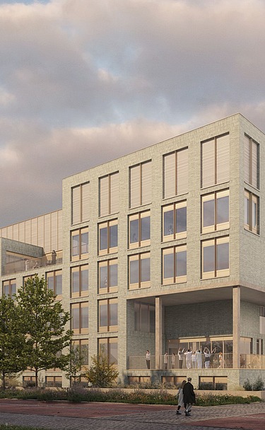 Renderbeeld van de voorgevel van de nieuwe ziekenhuisvleugel voor het Sint-Franciscus Ziekenhuis in Heusden-Zolder.